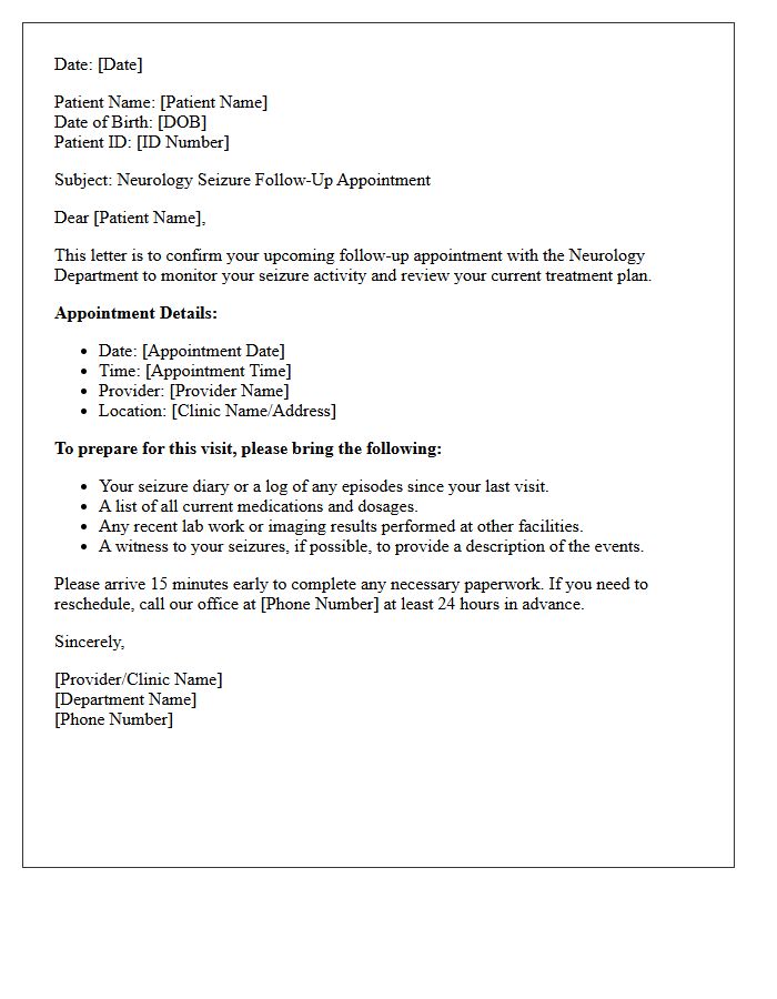 Neurology Seizure Follow-Up Appointment Letter