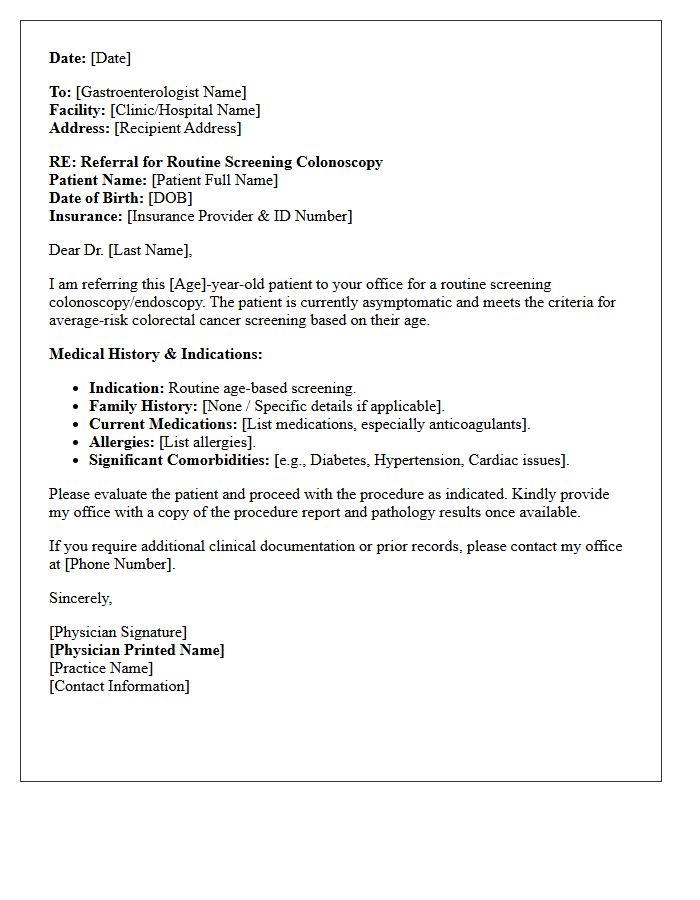 Routine Screening Colonoscopy Endoscopy Referral Consultation Letter