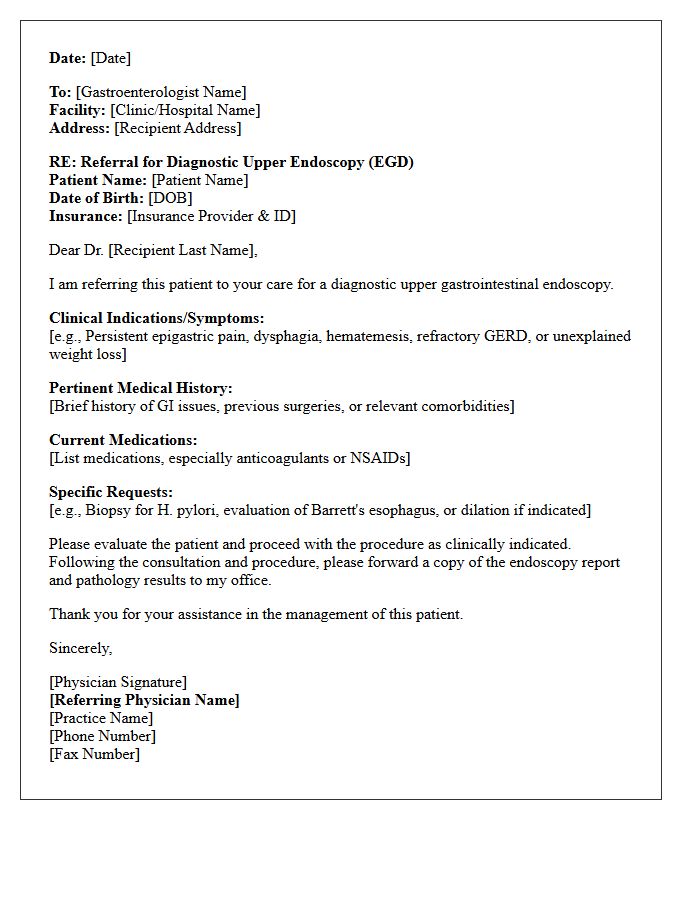 Diagnostic Upper Endoscopy Referral Consultation Letter