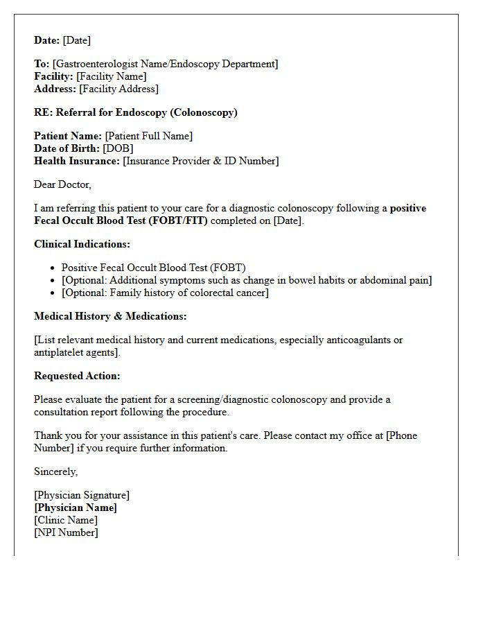 Positive Fecal Occult Blood Test Endoscopy Referral Consultation Letter