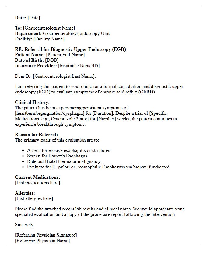 Chronic Acid Reflux Evaluation Endoscopy Referral Consultation Letter
