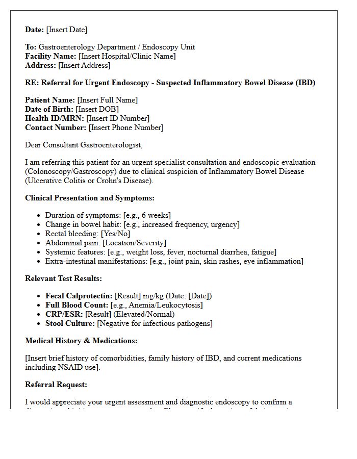 Suspected Inflammatory Bowel Disease Endoscopy Referral Consultation Letter
