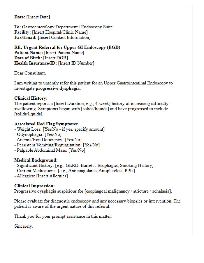 Progressive Dysphagia Assessment Endoscopy Referral Consultation Letter