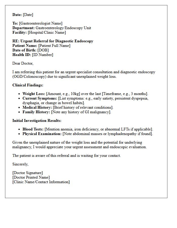 Unexplained Weight Loss Endoscopy Referral Consultation Letter