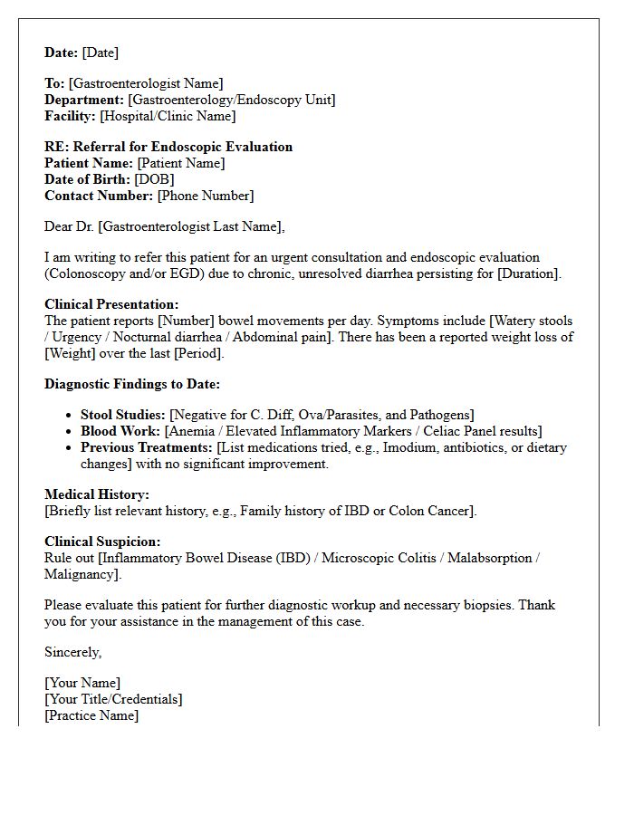 Chronic Unresolved Diarrhea Endoscopy Referral Consultation Letter