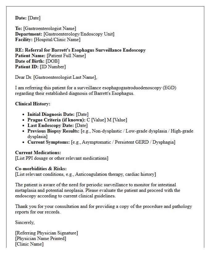 Barretts Esophagus Surveillance Endoscopy Referral Consultation Letter