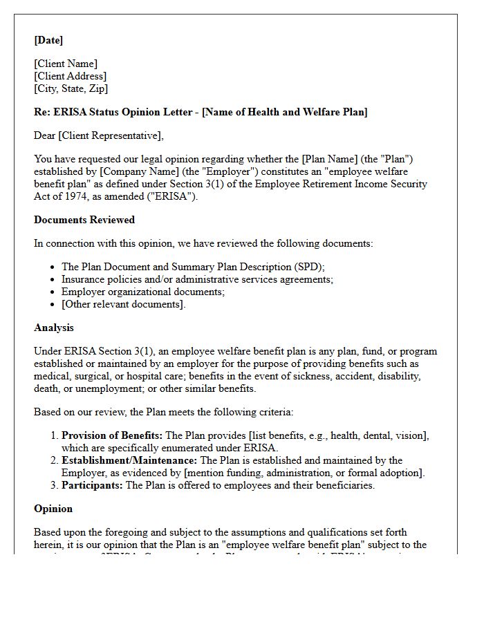 Health And Welfare Plan ERISA Status Opinion Letter