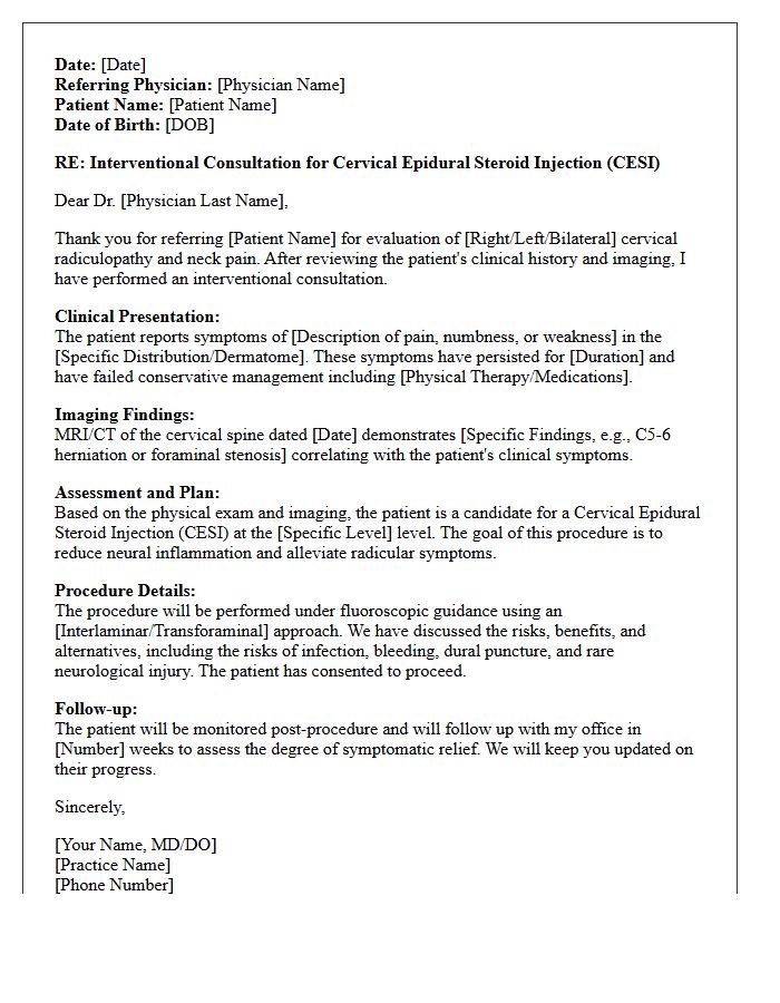 Cervical Epidural Steroid Injection Interventional Consultation Letter