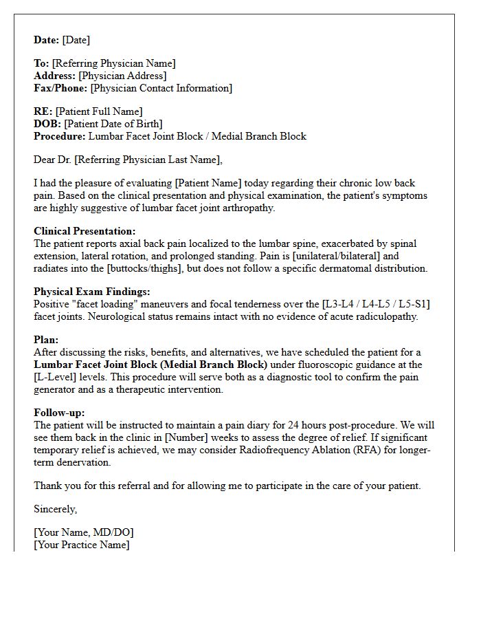 Lumbar Facet Joint Block Interventional Consultation Letter