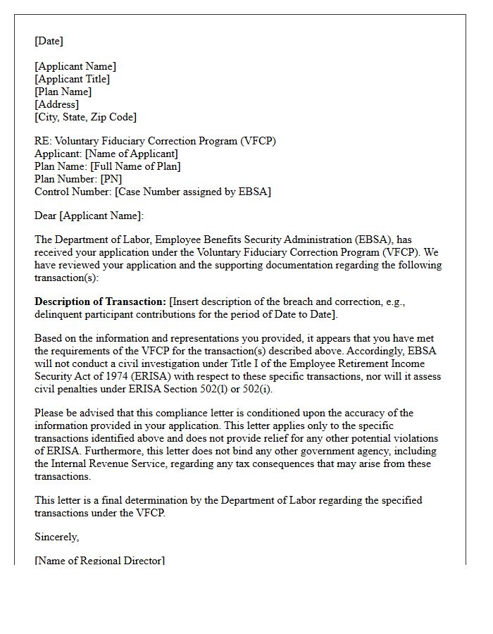 Voluntary Fiduciary Correction Program Compliance Letter