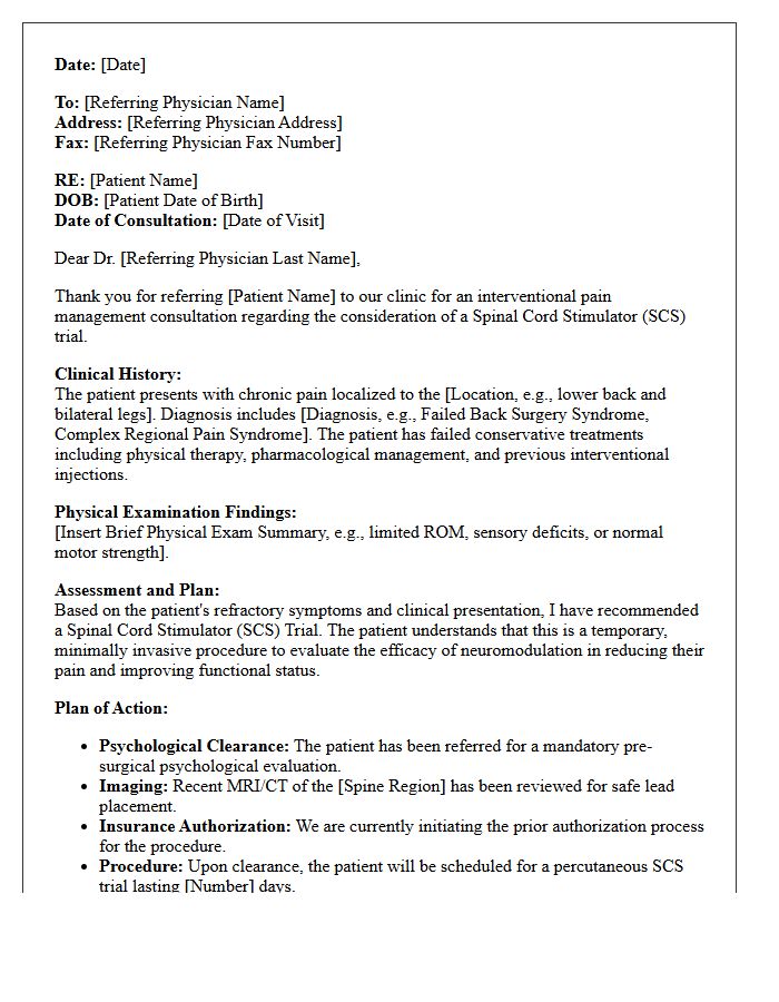 Spinal Cord Stimulator Trial Interventional Consultation Letter