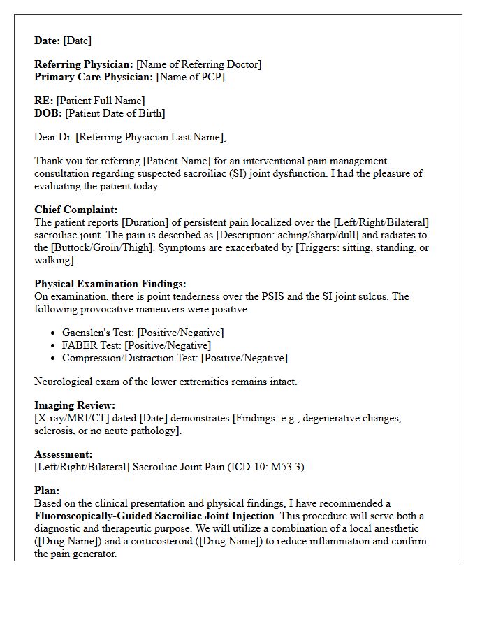 Sacroiliac Joint Injection Interventional Consultation Letter