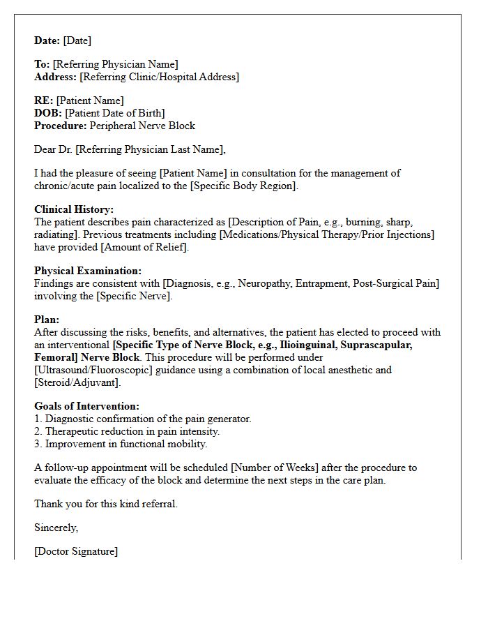Peripheral Nerve Block Interventional Consultation Letter