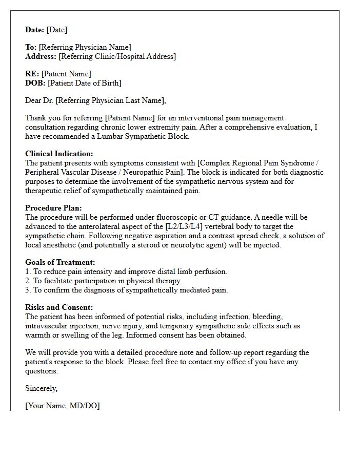 Lumbar Sympathetic Block Interventional Consultation Letter
