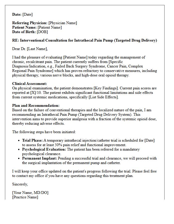 Intrathecal Pain Pump Implant Interventional Consultation Letter