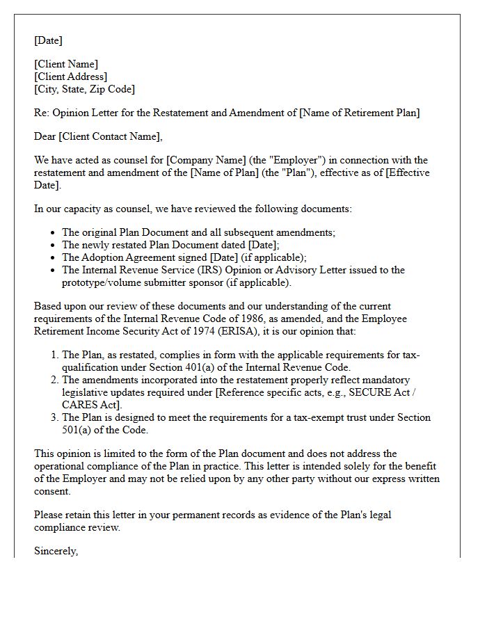 Plan Document Restatement And Amendment Opinion Letter