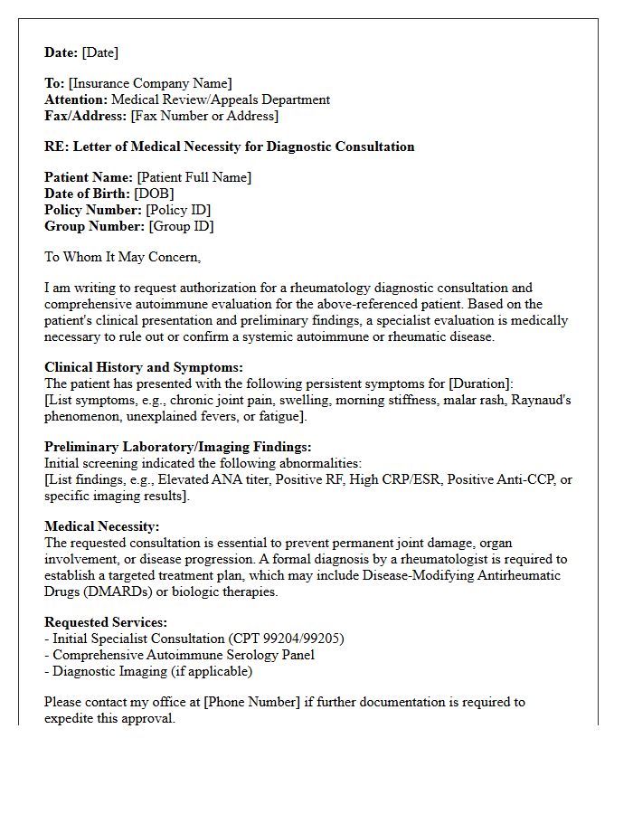 Rheumatology Autoimmune Diagnostic Consultation Medical Necessity Letter