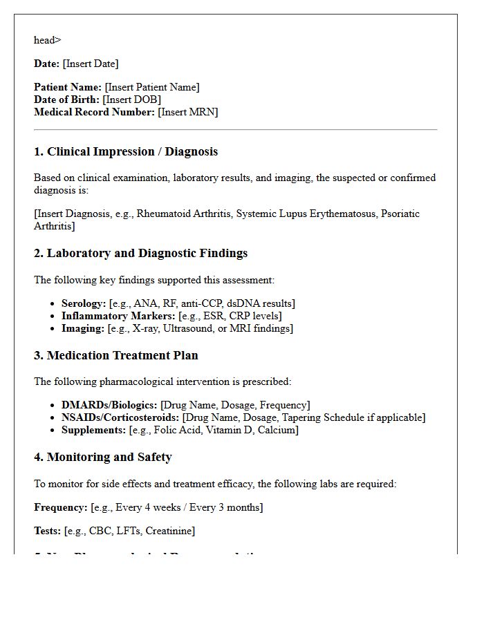 Rheumatology Autoimmune Diagnostic Consultation Treatment Plan Letter