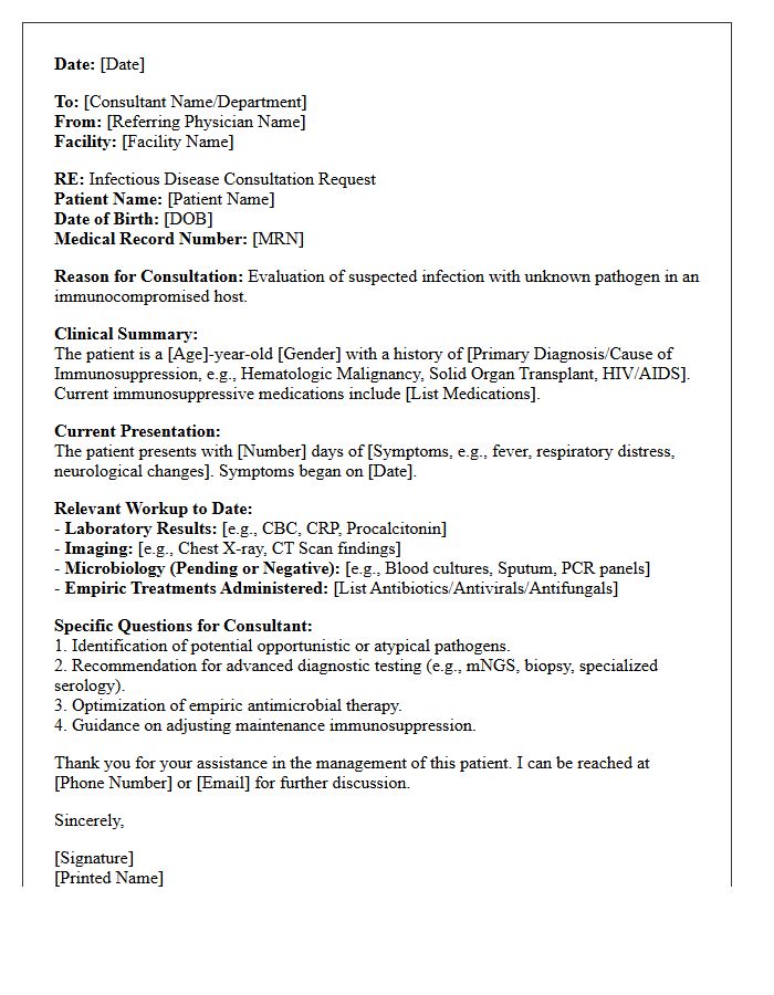 Immunocompromised Patient Unknown Pathogen Consultation Letter