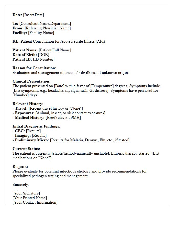 Acute Febrile Illness Unknown Pathogen Consultation Letter