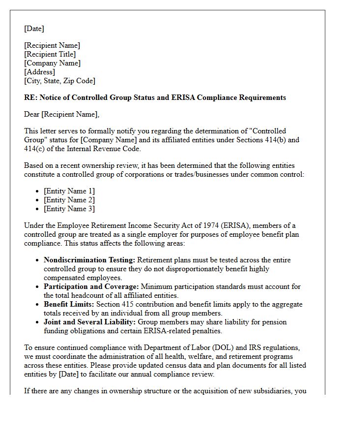 Controlled Group Status And ERISA Compliance Letter