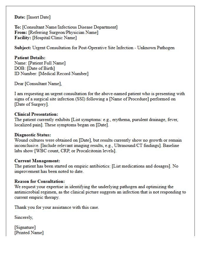 Post-Operative Site Unknown Pathogen Consultation Letter