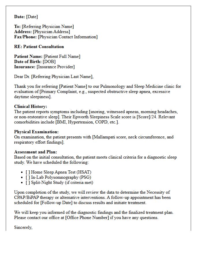 Initial Pulmonology Sleep Study Consultation Letter