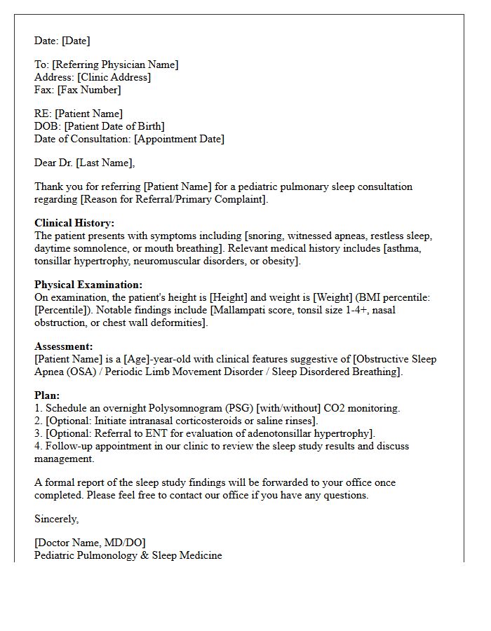 Pediatric Pulmonology Sleep Study Consultation Letter