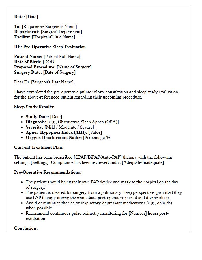 Pre-Operative Pulmonology Sleep Study Consultation Letter