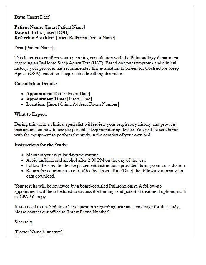 In-Home Pulmonology Sleep Study Consultation Letter