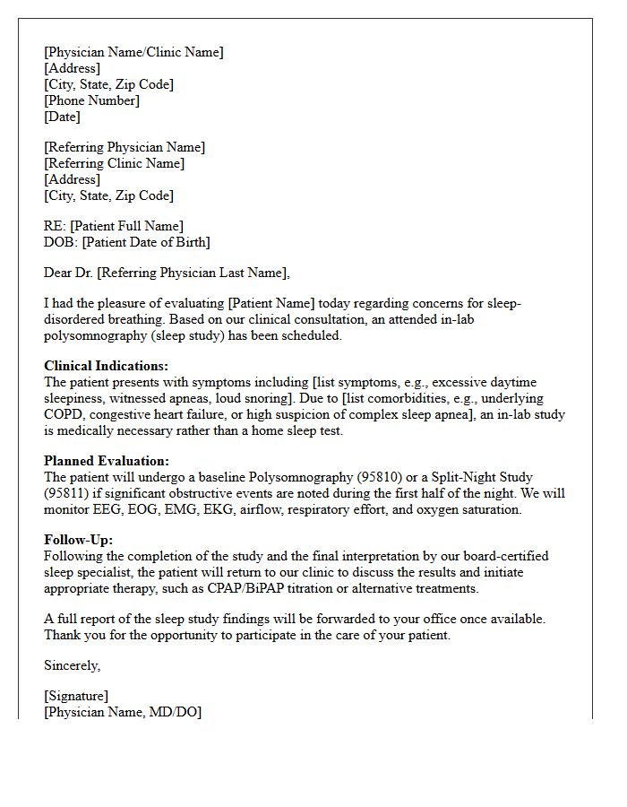 In-Lab Pulmonology Sleep Study Consultation Letter