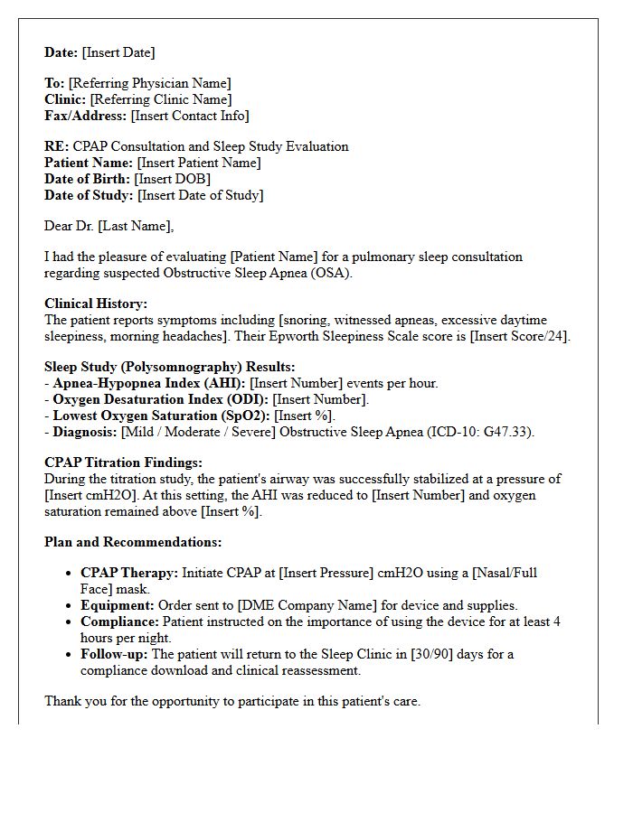 Continuous Positive Airway Pressure Pulmonology Sleep Study Consultation Letter
