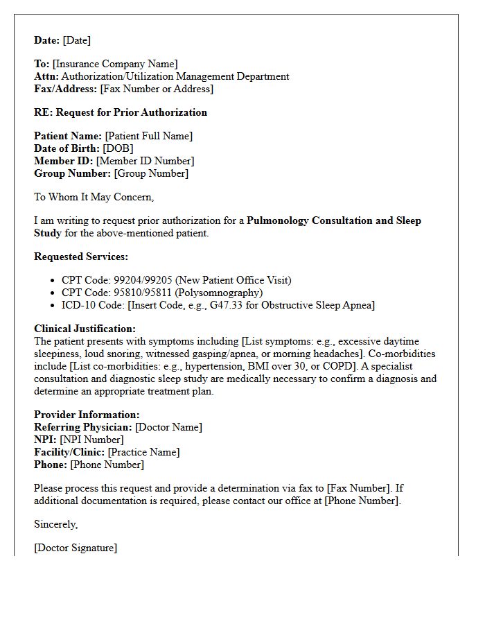 Insurance Authorization Pulmonology Sleep Study Consultation Letter