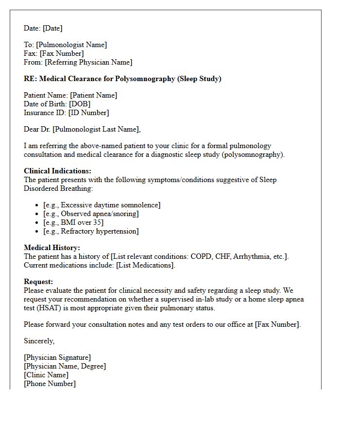 Medical Clearance Pulmonology Sleep Study Consultation Letter