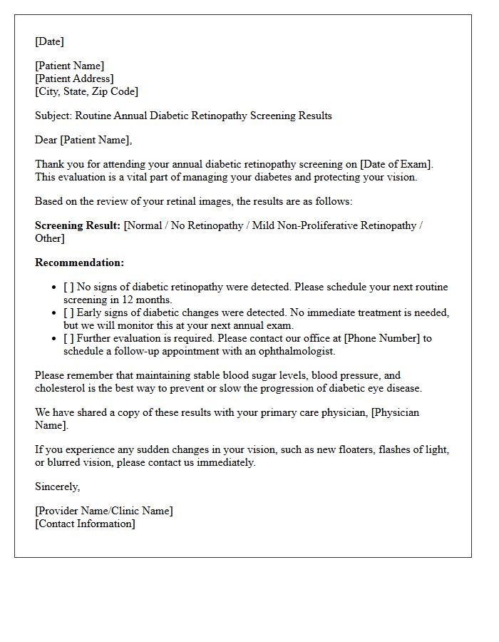 Routine Annual Diabetic Retinopathy Screening Evaluation Letter