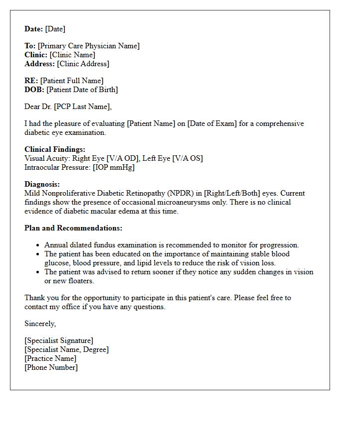 Mild Nonproliferative Diabetic Retinopathy Specialist Report Letter