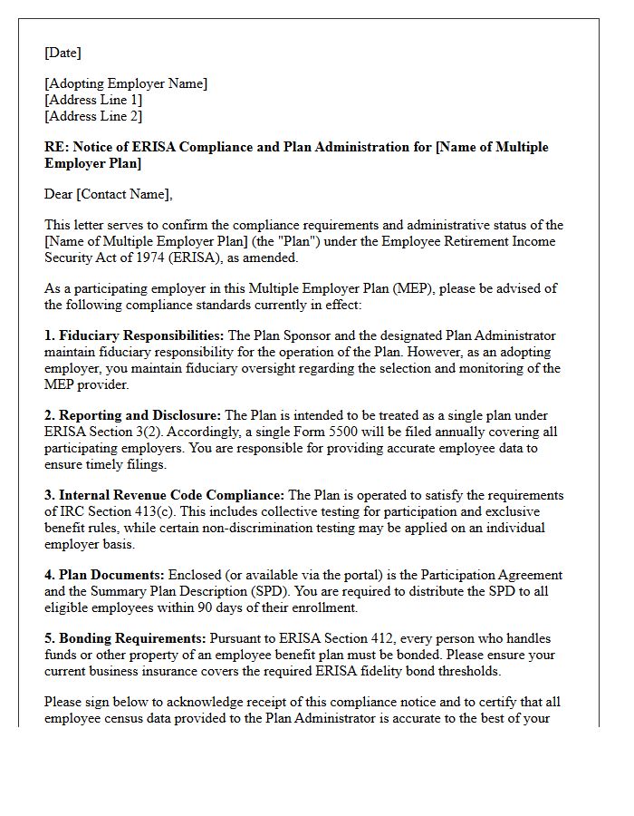 Multiple Employer Plan ERISA Compliance Letter