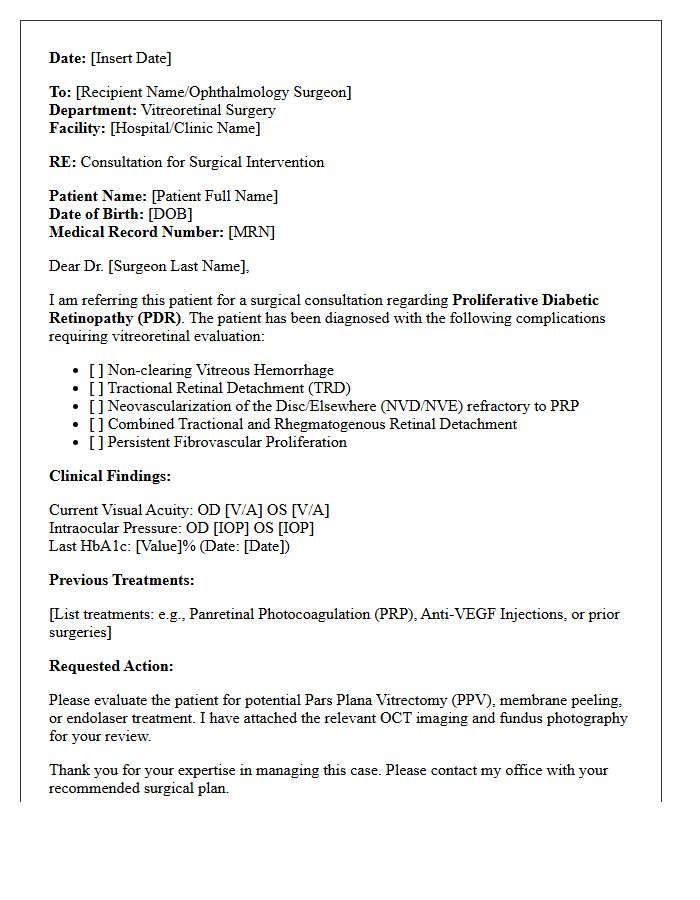 Proliferative Diabetic Retinopathy Surgical Intervention Consultation Letter