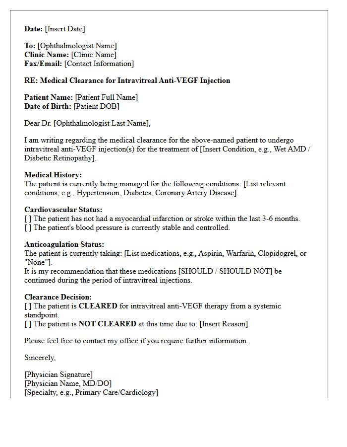 Intravitreal Anti-VEGF Injection Medical Clearance Letter