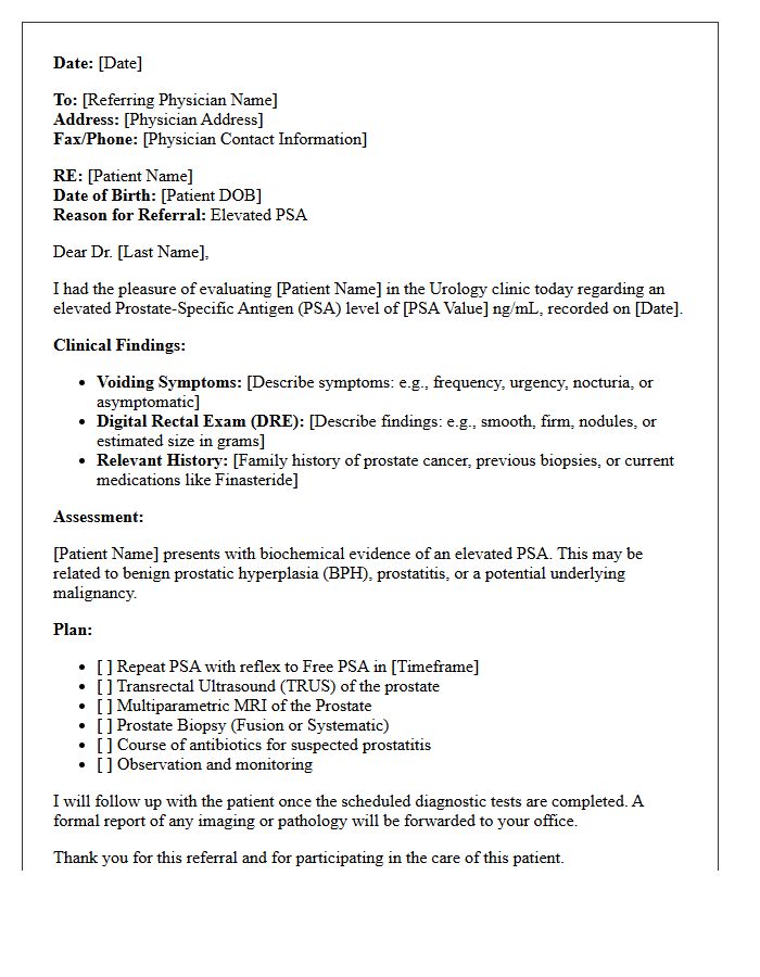 Elevated PSA Urology Prostate Evaluation Consultation Letter