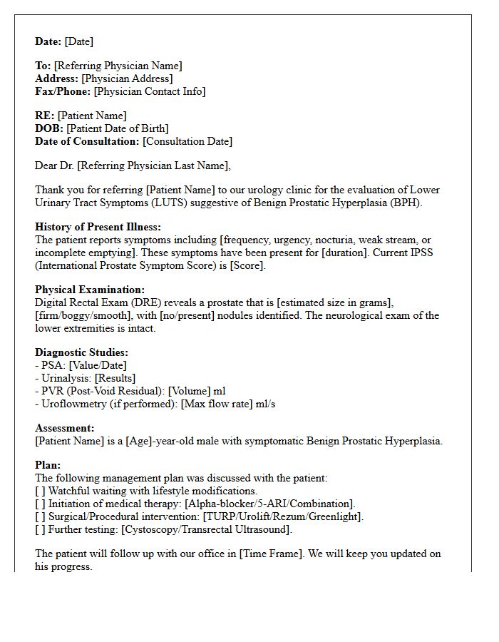 Benign Prostatic Hyperplasia Urology Prostate Evaluation Consultation Letter
