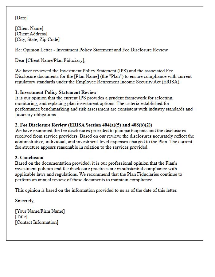 Plan Investment Policy And Fee Disclosure Opinion Letter