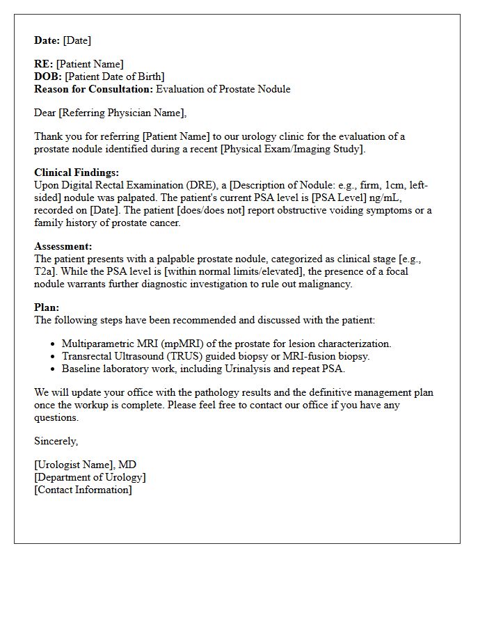 Prostate Nodule Findings Urology Prostate Evaluation Consultation Letter