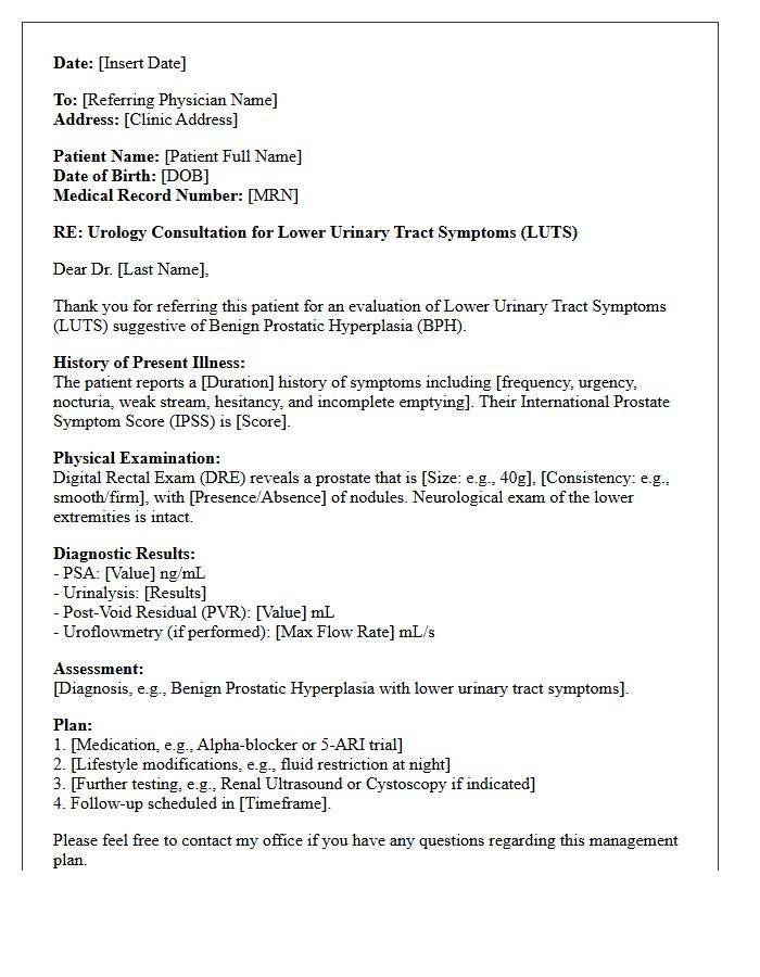 Lower Urinary Tract Symptoms Urology Prostate Evaluation Consultation Letter