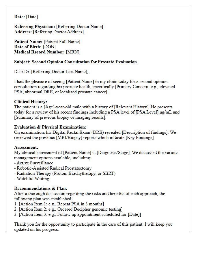 Second Opinion Urology Prostate Evaluation Consultation Letter