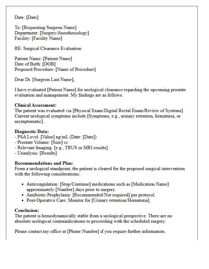 Surgical Clearance Urology Prostate Evaluation Consultation Letter