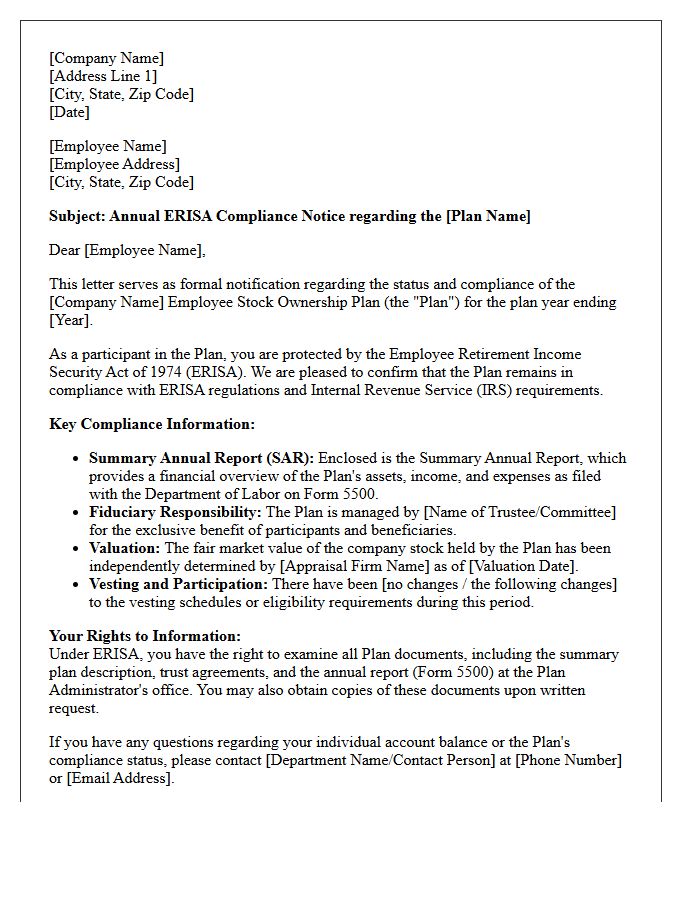 Employee Stock Ownership Plan ERISA Compliance Letter