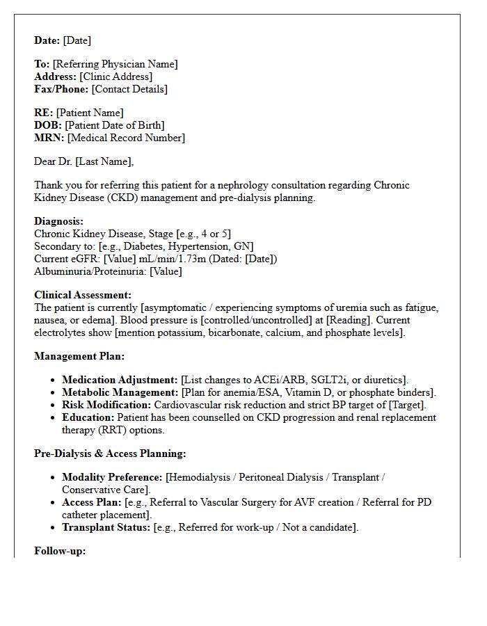Pre-Dialysis Nephrology Chronic Kidney Disease Consultation Letter