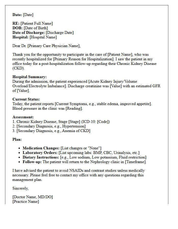 Post-Hospitalization Nephrology Chronic Kidney Disease Consultation Letter