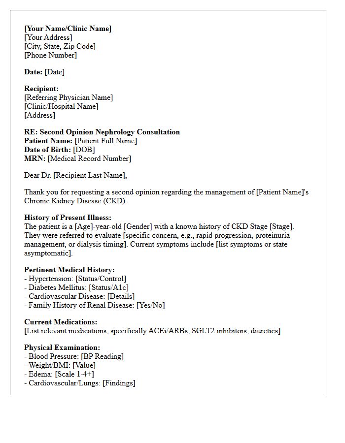 Second Opinion Nephrology Chronic Kidney Disease Consultation Letter